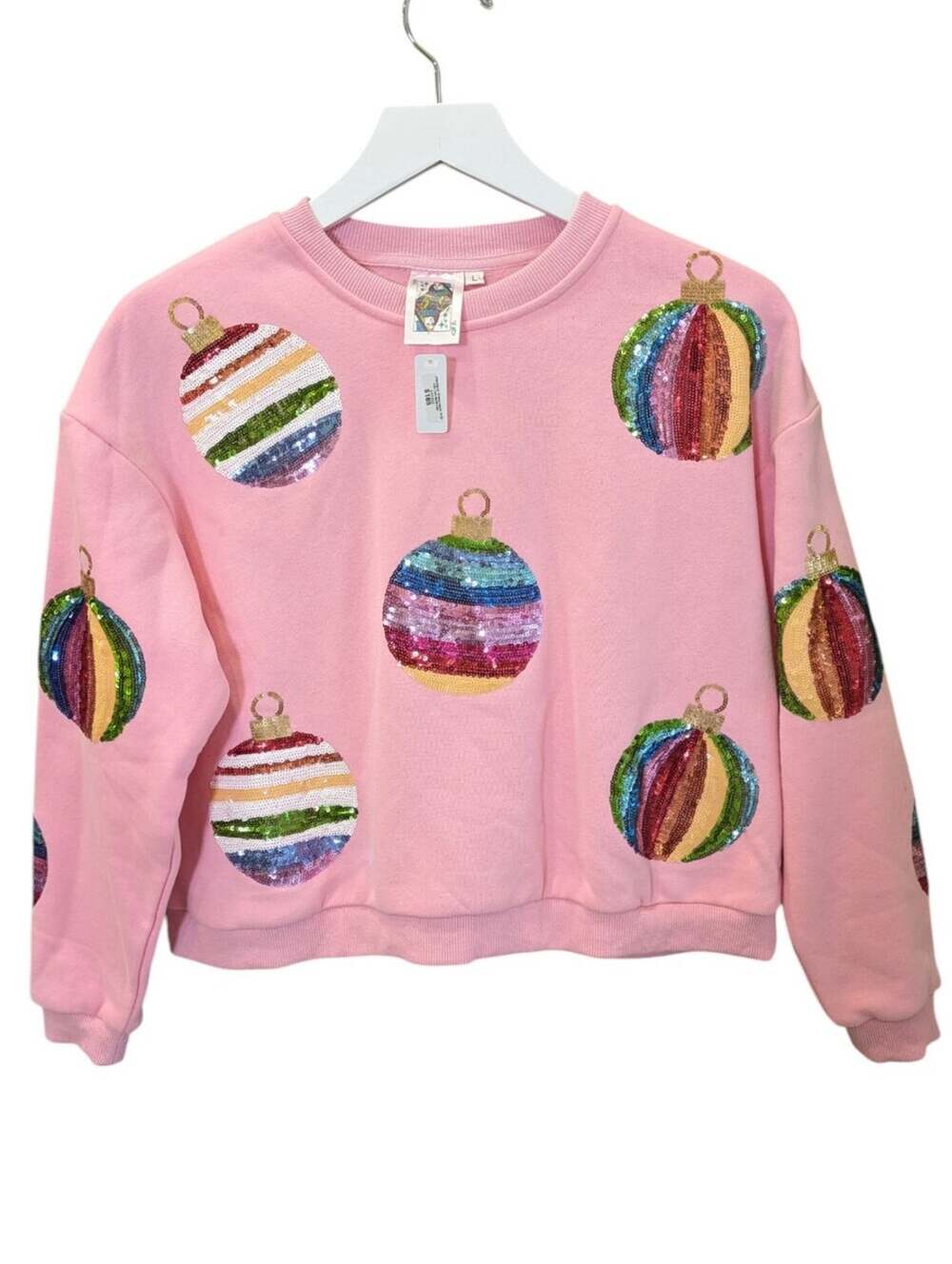 NEW Christmas Ornament Embellished Beaded Sweater Kids Girls Large Pink Crewneck